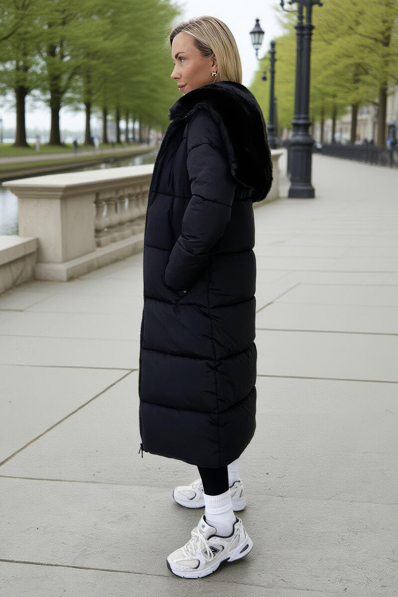 Black Split Hood Longline Puffer Coat