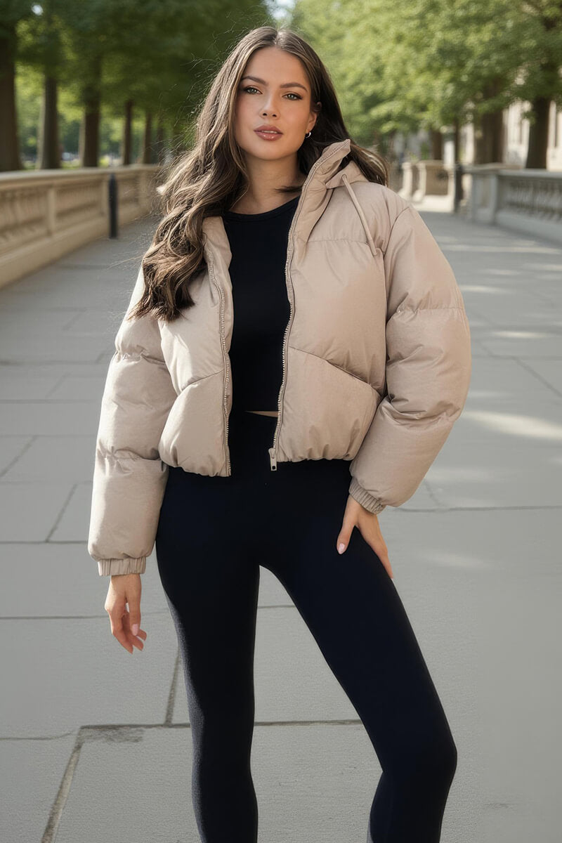 Stone Drawstring Hood Short Puffer Coat