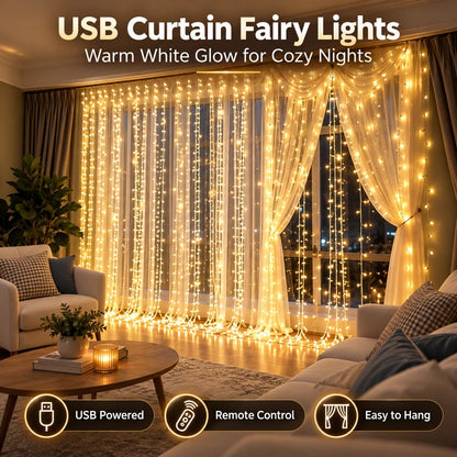 🎄 Christmas Curtain Lights – Warm White LED Window Lights with Remote Control