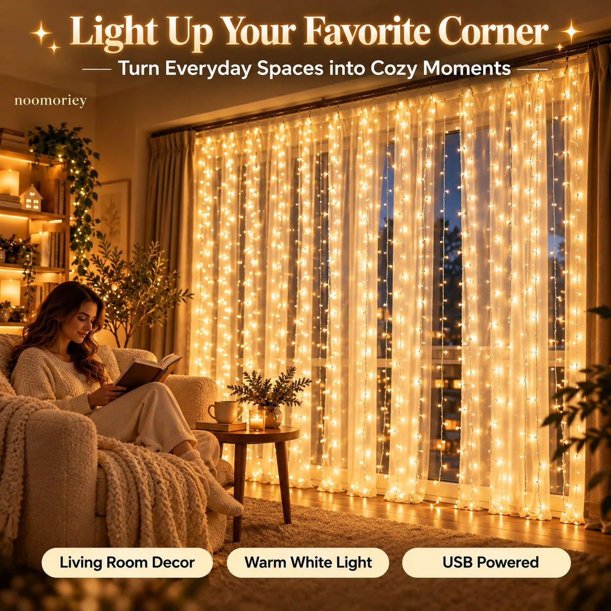 🎄 Christmas Curtain Lights – Warm White LED Window Lights with Remote Control