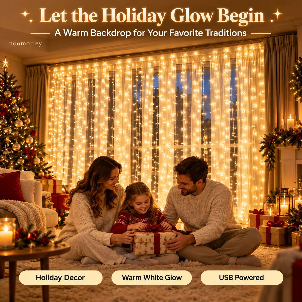 🎄 Christmas Curtain Lights – Warm White LED Window Lights with Remote Control