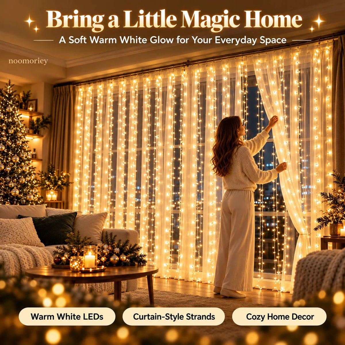 🎄 Christmas Curtain Lights – Warm White LED Window Lights with Remote Control